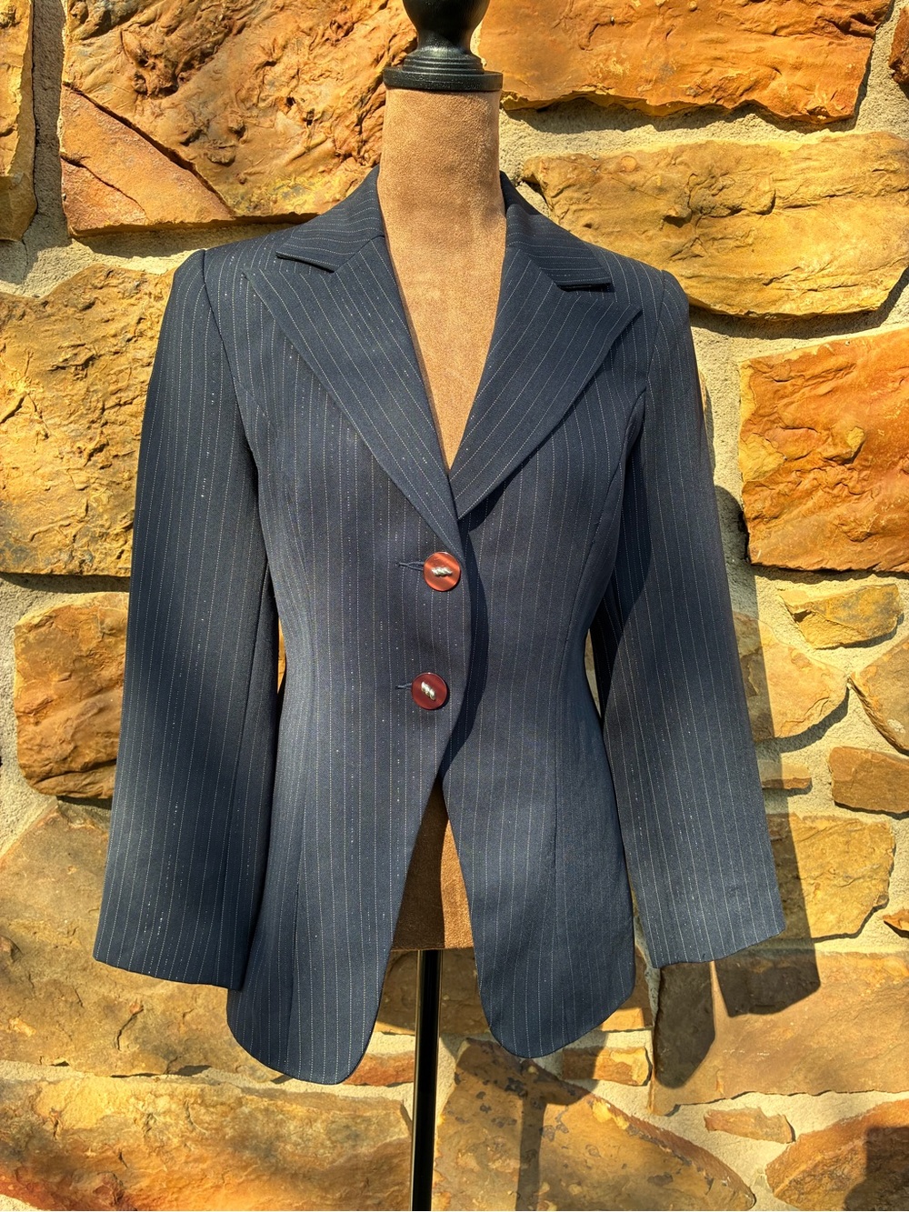 Tailored Navy Pinstripe Women's Blazer with Notch Lapel